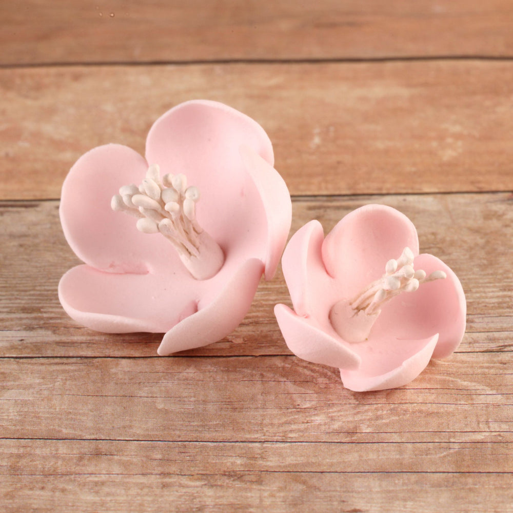 Edible Gumpaste White Cherry Blossoms No Wire sugar flower cake toppers and cake decorations perfect for cake decorating rolled fondant wedding cakes, cupcakes and birthday cakes and cupcakes.  Edible Cake Decoration and wholesale cake supplies.