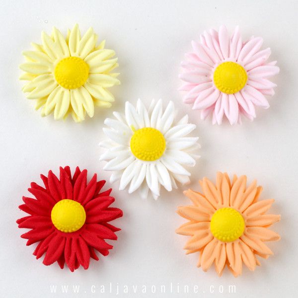 Mixed Petite Daisy Gumpaste Sugarflower cake decorations perfect as cake toppers on fondant cakes & cupcakes.  Wholesale cake decorating supply. Caljava