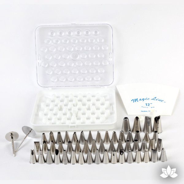 Convenient Cake Decorating Set that keep your piping tools organized and protected. Set Includes: 1 52 Tip Box 2 Flower Nails #6 &amp; #7 1 12" Reusable Pastry