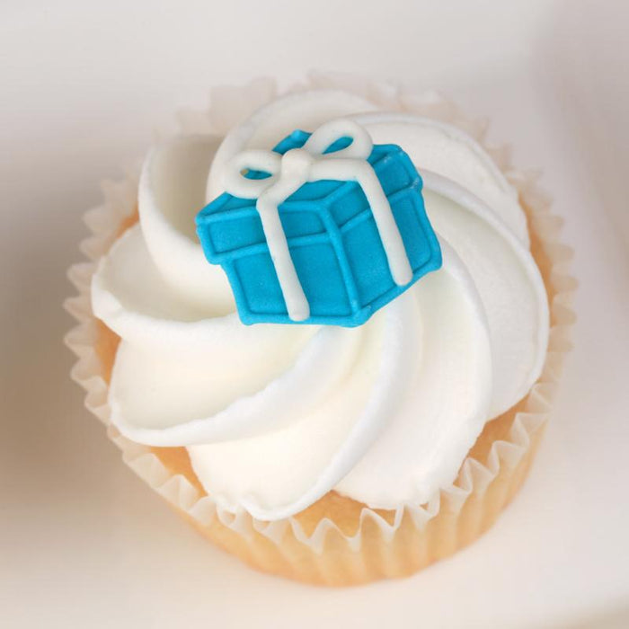 Fancy Gift Royal Icing Toppers for cake decorating your own cupcakes, cakes, and fine chocolates.  Edible chocolate decorations.  Tiffany Box great for wedding cupcakes, chocolates, candy and more.  Tiffany Blue.
