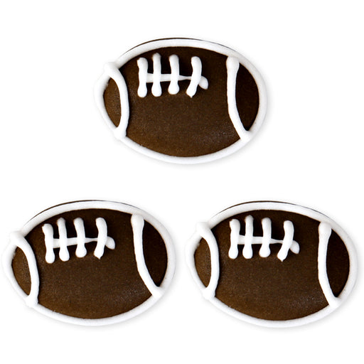 Football Royal Icing Toppers handmade ready-to-use for decorating cupcakes, chocolates, candy, cakes, pies, brownies, cookies, macarons. Edible toppers made of sugar for decorating desserts. NFL Football Icing decorations for Cupcakes, Cakes, Chocolates, and Candy.  Great for football parties, and superbowl.  Caljava