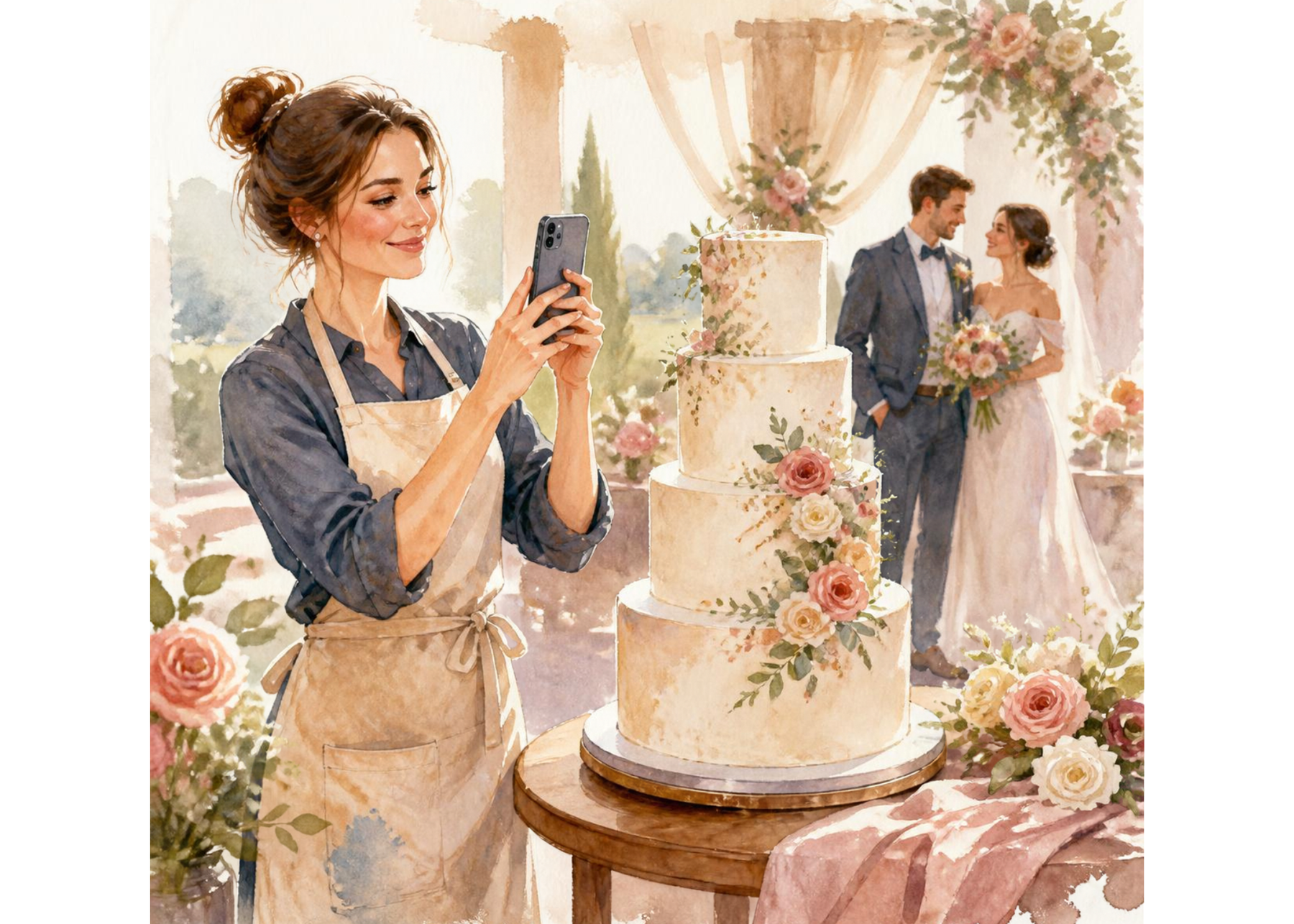 Cake artist delivering a wedding cake and posting on social media to promote their cake business.