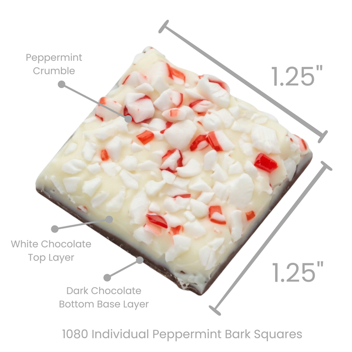 1080-piece wholesale foodservice case of pre-made 1.25-inch peppermint bark squares for caterers and bakeries