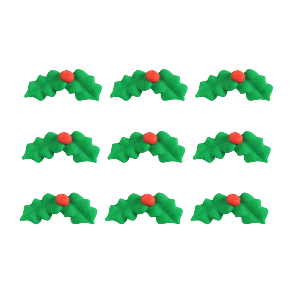Mini Christmas Holly Leaf Edible Royal Icing Toppers great for decorating Chocolates, cupcakes, cookies, cakes, candy and donuts.  Great for decorating Christmas cakes, cupcakes, cookies, candy and more. 