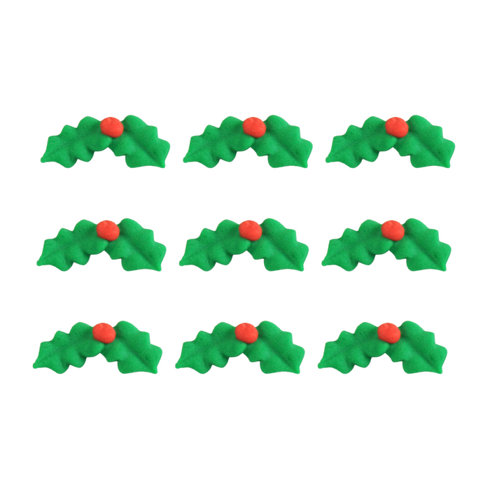 Mini Christmas Holly Leaf Edible Royal Icing Toppers great for decorating Chocolates, cupcakes, cookies, cakes, candy and donuts.  Great for decorating Christmas cakes, cupcakes, cookies, candy and more. 