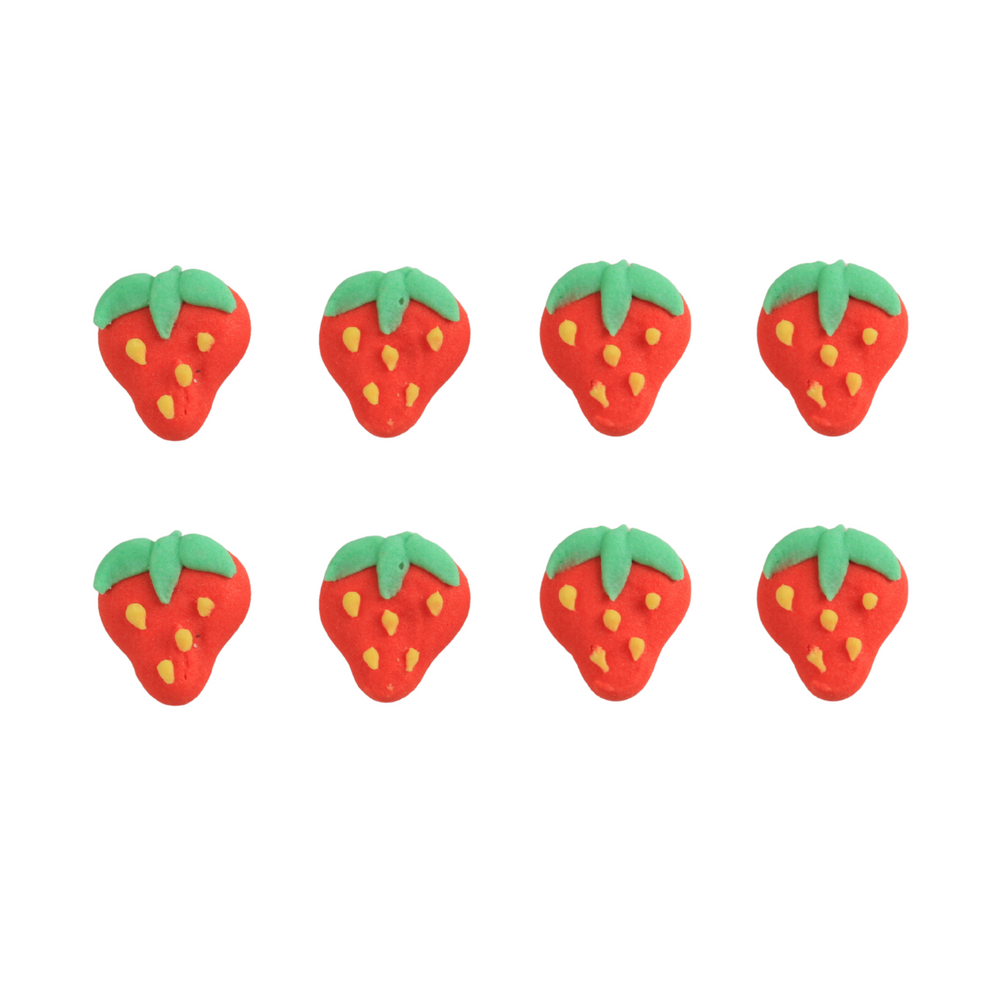 Mini Strawberry Edible Royal Icing Toppers great for decorating chocolates, cupcakes, cookies, cakes, candy and donuts.  Great for decorating strawberry chocolates, cakes, cupcakes, cookies, candy and more.