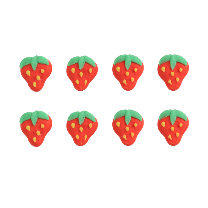 Mini Strawberry Edible Royal Icing Toppers great for decorating chocolates, cupcakes, cookies, cakes, candy and donuts.  Great for decorating strawberry chocolates, cakes, cupcakes, cookies, candy and more.