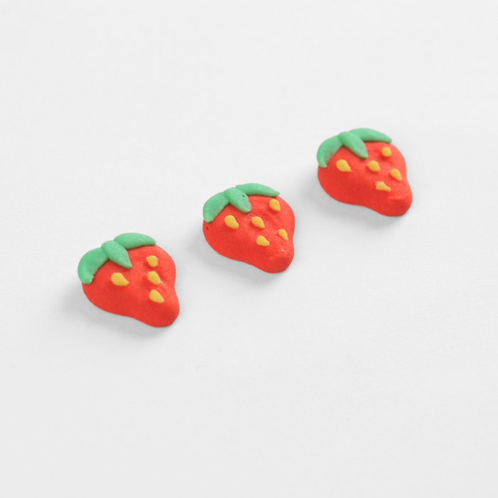 Mini Strawberry Edible Royal Icing Toppers great for decorating chocolates, cupcakes, cookies, cakes, candy and donuts.  Great for decorating strawberry chocolates, cakes, cupcakes, cookies, candy and more.