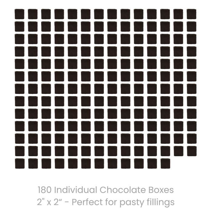 180-piece bulk foodservice case of ready-to-use 2-inch textured dark chocolate boxes for commercial bakeries and pastry chefs in bulk wholesale