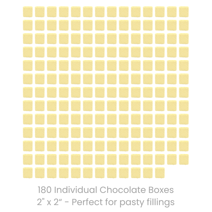 180-piece bulk foodservice case of ready-to-use 2-inch textured white chocolate boxes for commercial bakeries and pastry chefs in bulk wholesale