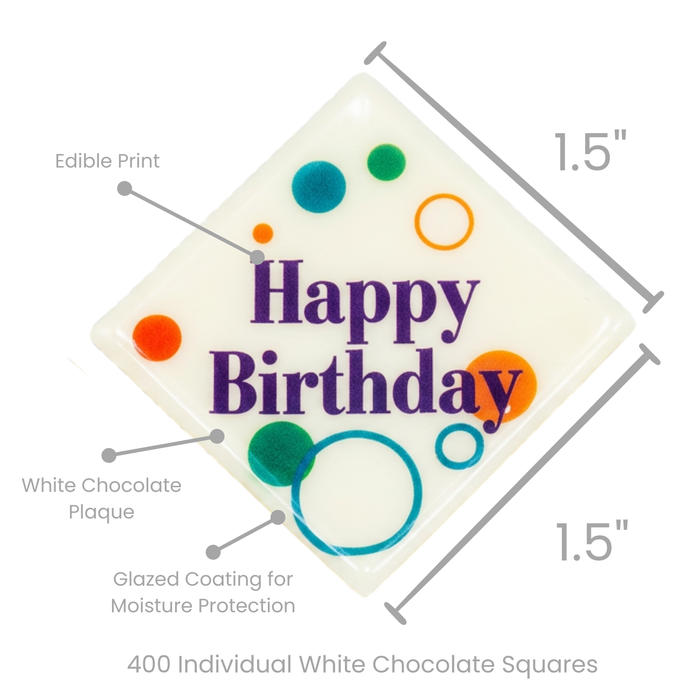 400-piece bulk foodservice box of assorted white chocolate celebration plaques for bakeries