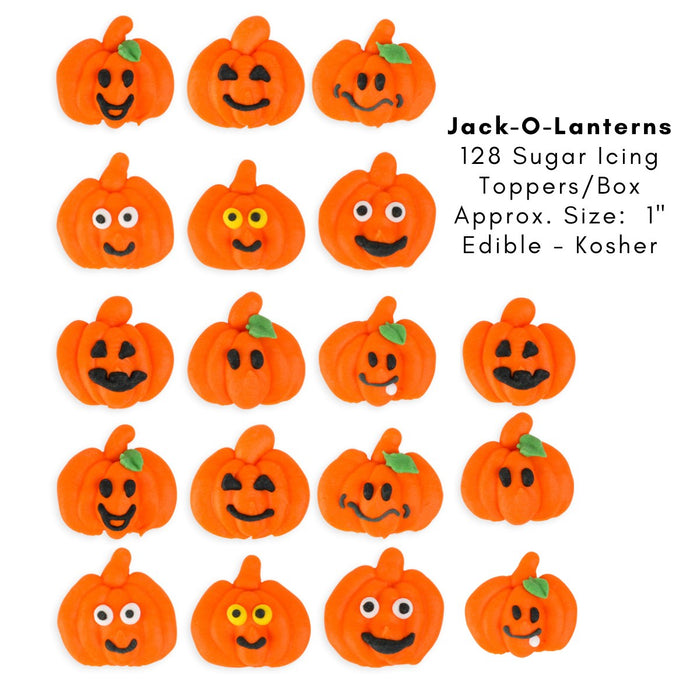 Halloween Jack-O-Lantern Pumpkin Royal Icing Toppers handmade ready-to-use for decorating cupcakes, chocolates, candy, cakes, pies, brownies, cookies, macarons, and more. Edible toppers made of sugar for decorating desserts. Halloween decorations.