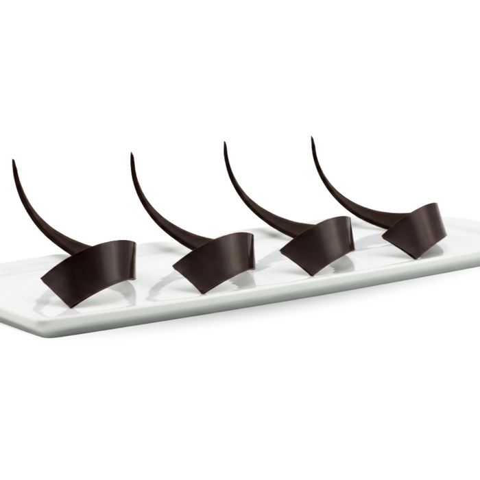 5-inch long chocolate curls decorative garnish accents for cakes, pastries, and fine dining plated desserts