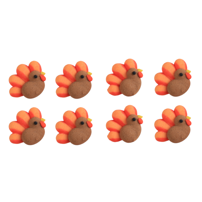 Mini Thanksgiving Turkey Edible Royal Icing Toppers great for decorating Chocolates, cupcakes, cookies, cakes, candy and pretzles.  Great for decorating Thanksgicing Chocolates cakes, cupcakes, cookies, candy and more. 