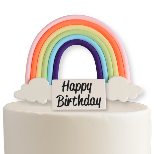 Handcrafted Gumpaste Rainbow and Happy Birthday Cake Toppers with Fondant Plaque, 3D Molded Sugar Decorations for Birthday Cakes. Caljava