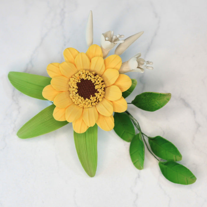 Sunflower Spray are gumpaste sugarflower cake decorations perfect as cake toppers for cake decorating fondant cakes and wedding cakes. Caljava wholesale cake supply.