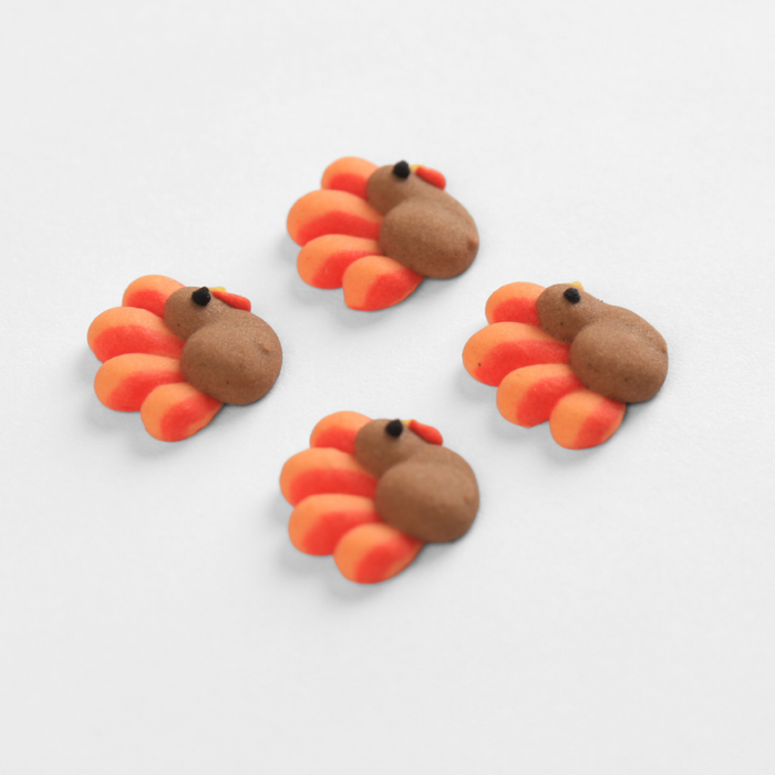 Mini Thanksgiving Turkey Edible Royal Icing Toppers great for decorating Chocolates, cupcakes, cookies, cakes, candy and pretzles.  Great for decorating Thanksgicing Chocolates cakes, cupcakes, cookies, candy and more. 
