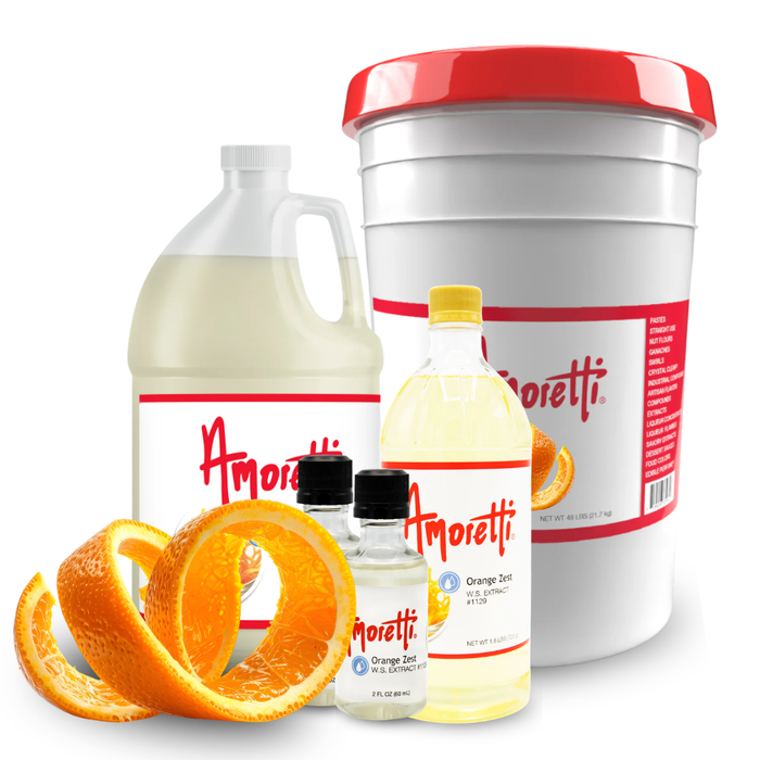 Amoretti Natural Orange Zest Extract Water Soluble for baking, beverages, desserts, chocolates, frostings, and professional food production.