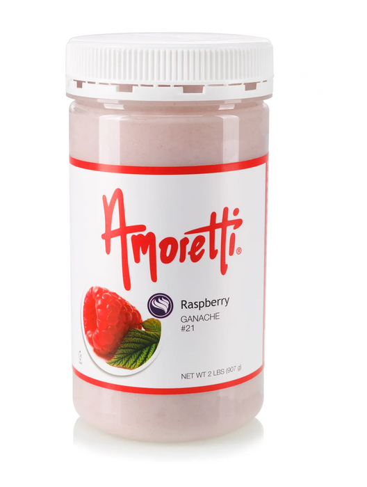 Amoretti’s Raspberry Ganache drizzling over donuts, mousse, and milkshakes
