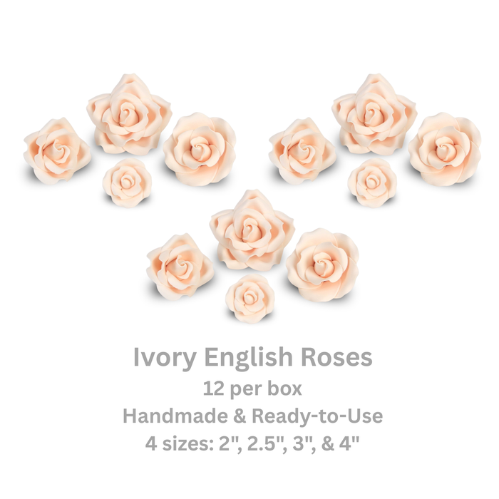 Assorted 12 pack of ivory English garden rose sugar flowers in four mixed sizes for custom cake decorating of wedding cakes by Caljava