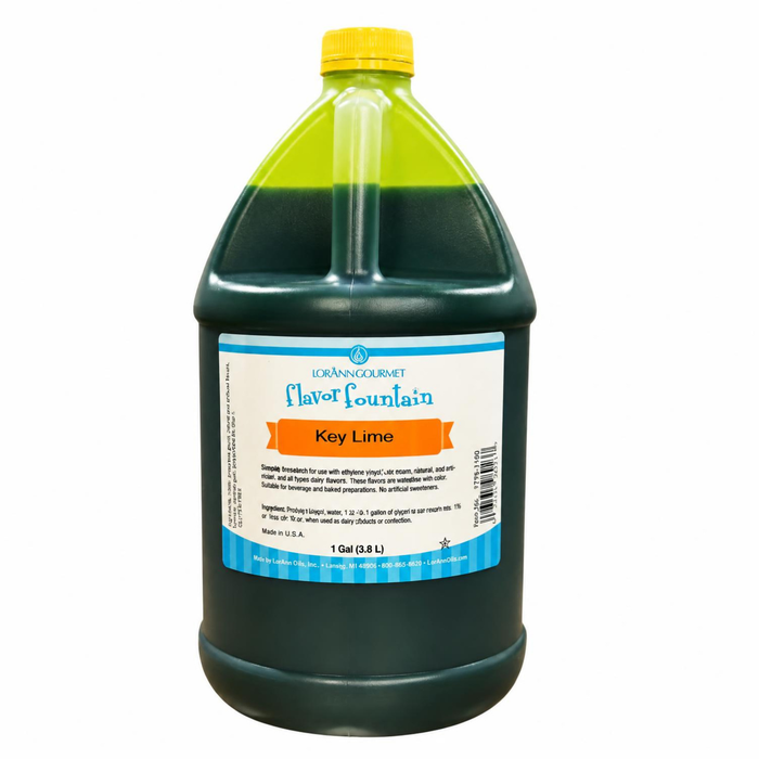 Bulk 1 gallon jug of LorAnn Key Lime 2-in-1 flavor and color base for commercial frozen dessert production.