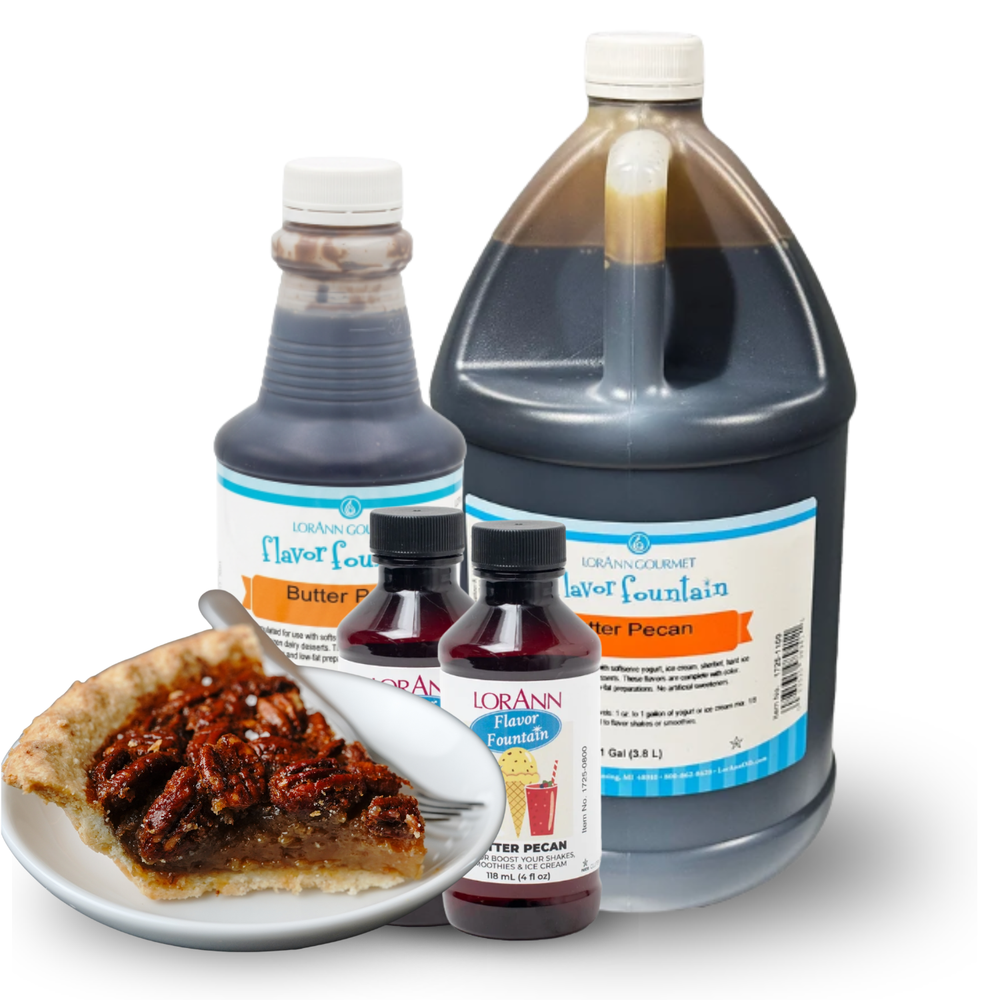 LorAnn Butter Pecan flavor fountain bottles shown in 4 oz, 1 quart, and 1 gallon sizes.