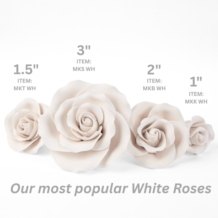 Different sizes of White Rose Sugar Flower Cake Toppers for decorating wedding cake designs