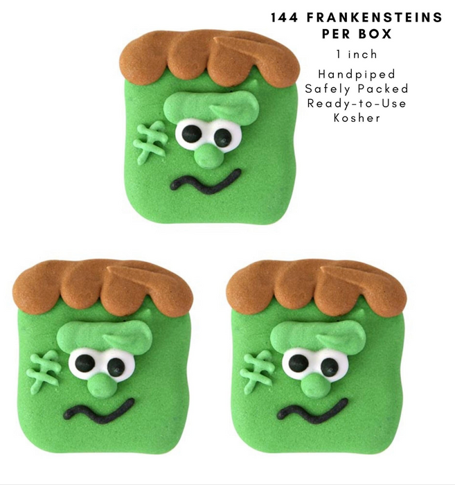 Frankenstein Royal Icing Decorations (Bulk) ready to use edible toppers for chocolates, cookies, brownies, bon bons, truffles and more.