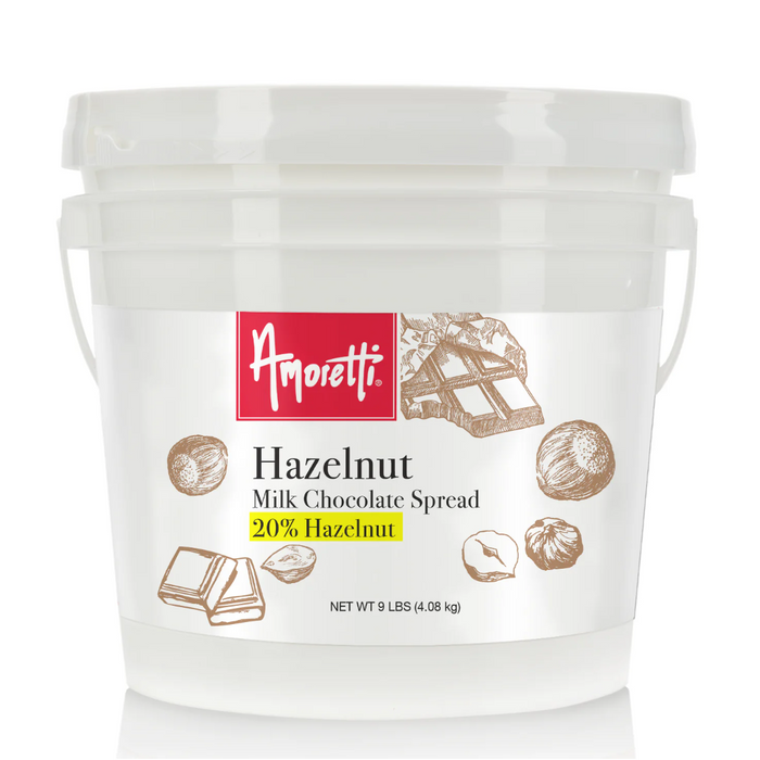 Bulk 9 lb Amoretti hazelnut milk chocolate spread ideal for bakeries, cake decorators, and high-volume dessert production