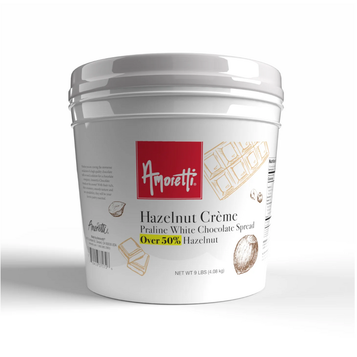 Over 50% roasted hazelnuts in Amoretti Hazelnut Cream ideal for wedding cakes, cupcakes, and pastry fillings