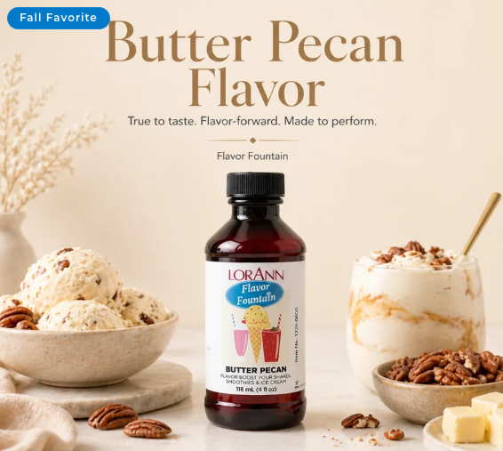 Front view of the LorAnn Butter Pecan Ice Cream and Beverage Flavor bottle label.