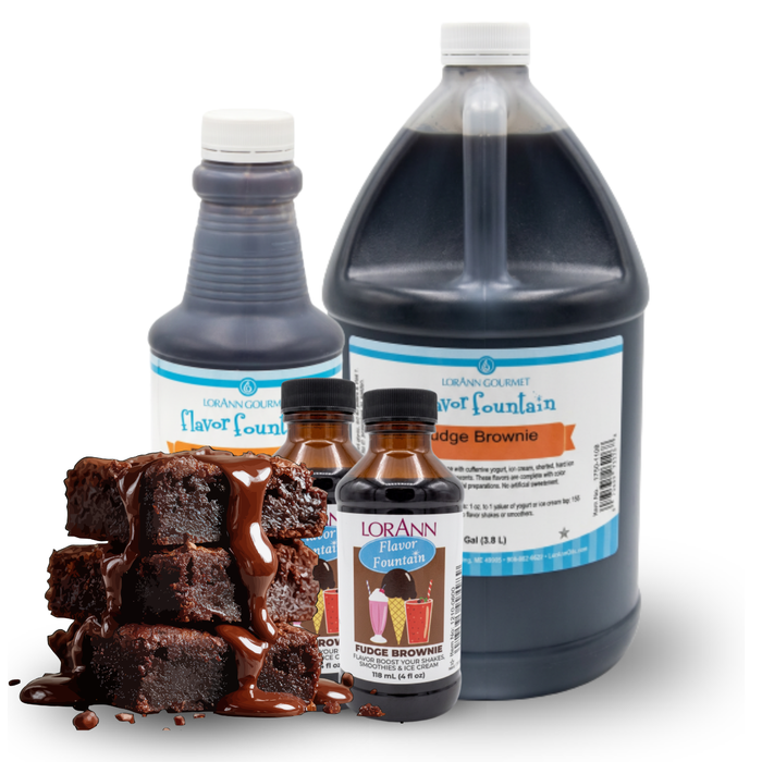 LorAnn Fudge Brownie flavor fountain bottles shown in 4 oz, 1 quart, and 1 gallon sizes.