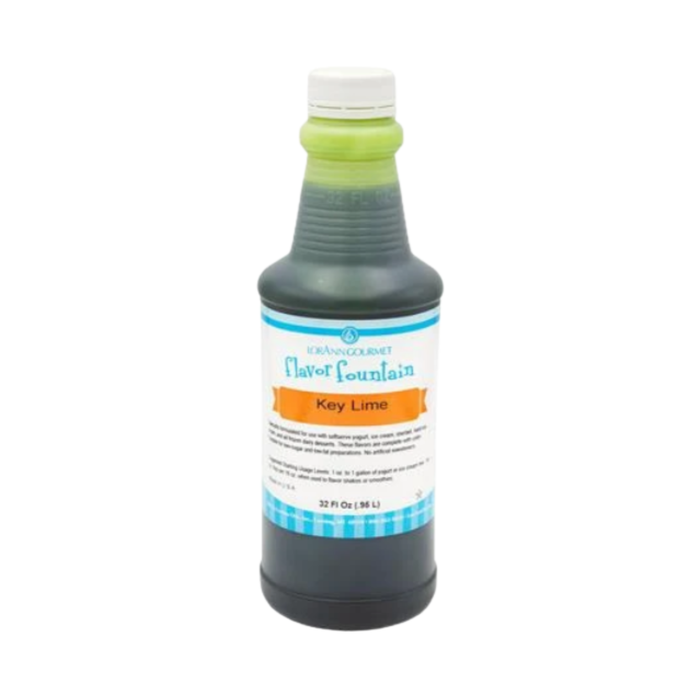 1 quart bottle of water-soluble LorAnn Key Lime flavor fountain for commercial bakeries and ice cream shops.