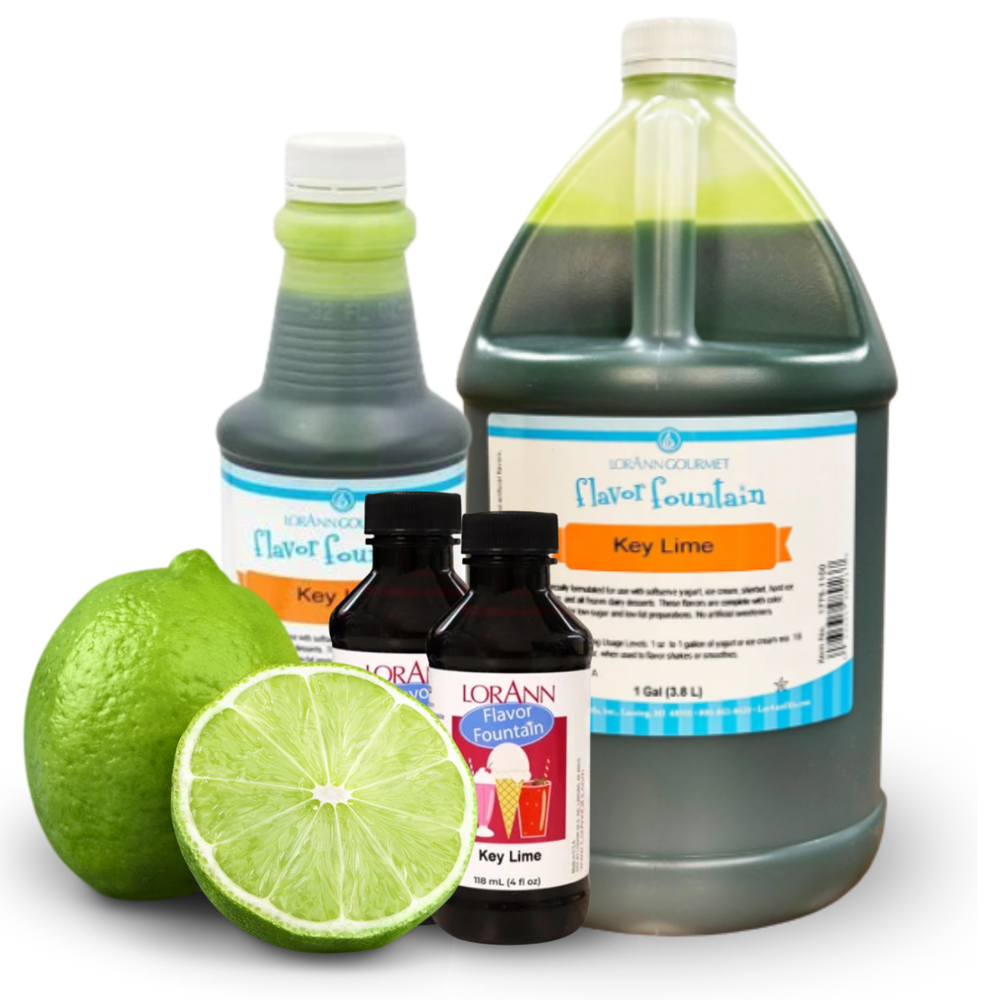 LorAnn Key Lime ice cream and beverage flavor shown in 4 oz, 1 quart, and 1 gallon size options.