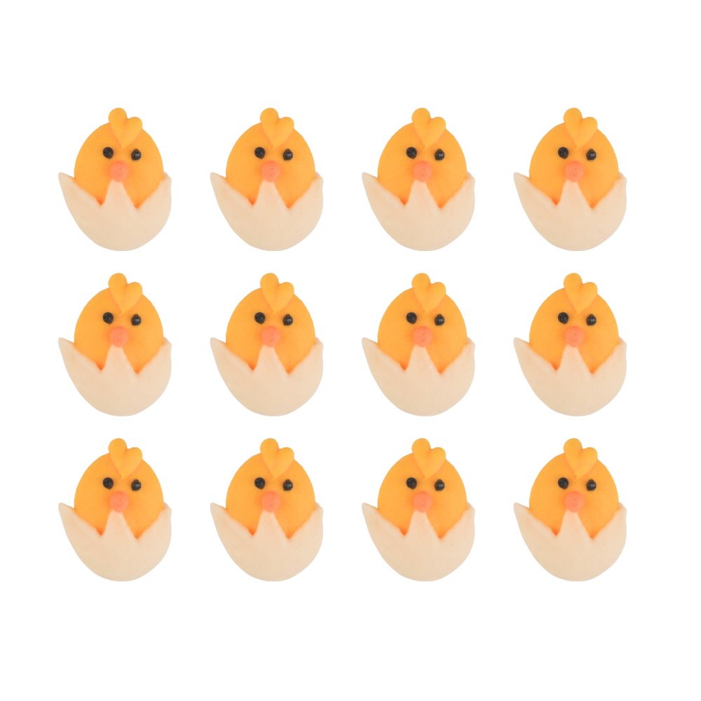 Mini hatching chicks royal icing toppers for decorating Easter chocolates, cakesicles, cocoa bombs, and spring desserts