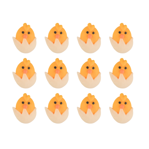 Mini hatching chicks royal icing toppers for decorating Easter chocolates, cakesicles, cocoa bombs, and spring desserts