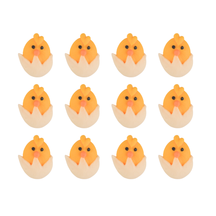 Mini hatching chicks royal icing toppers for decorating Easter chocolates, cakesicles, cocoa bombs, and spring desserts