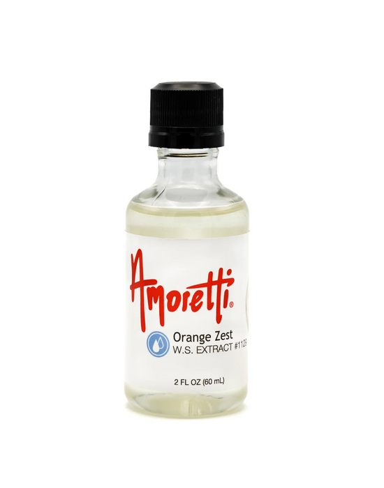 Bottle of Amoretti Natural Orange Zest Extract Water Soluble for baking, beverages, desserts, chocolates, frostings, and professional food production.
