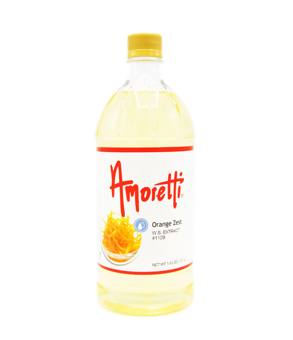 Amoretti natural orange zest extract made with authentic citrus flavor for cakes, cookies, buttercream, pastries, and bakery recipes.