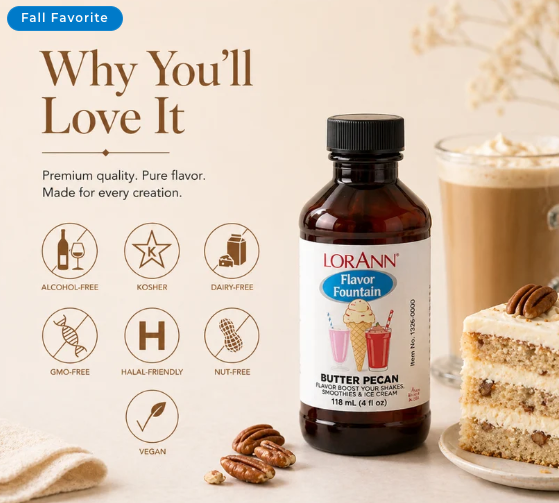 Graphic displaying dietary badges for LorAnn Butter Pecan flavor including sugar-free, vegan, kosher, and nut-free.