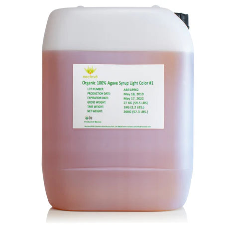 organic blue agave syrup 5 gallon pouring from bottle, natural sugar alternative for baking, candy making and chocolate desserts