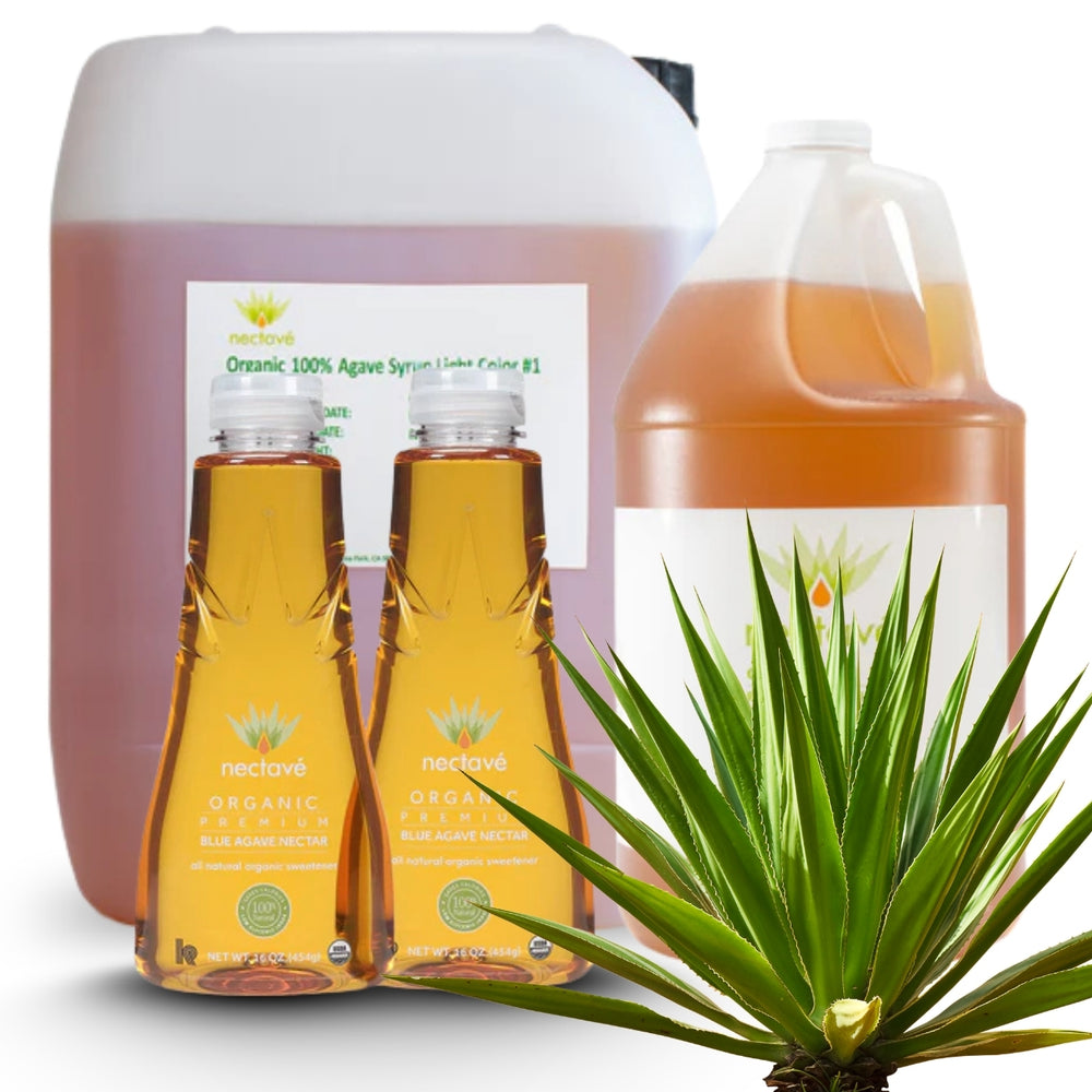 Nectave organic blue agave syrup in various sizes, natural sugar substitute for baking, desserts, chocolate making and beverages. 16 oz, 1 gallon, & 5 gallon. From Mexico