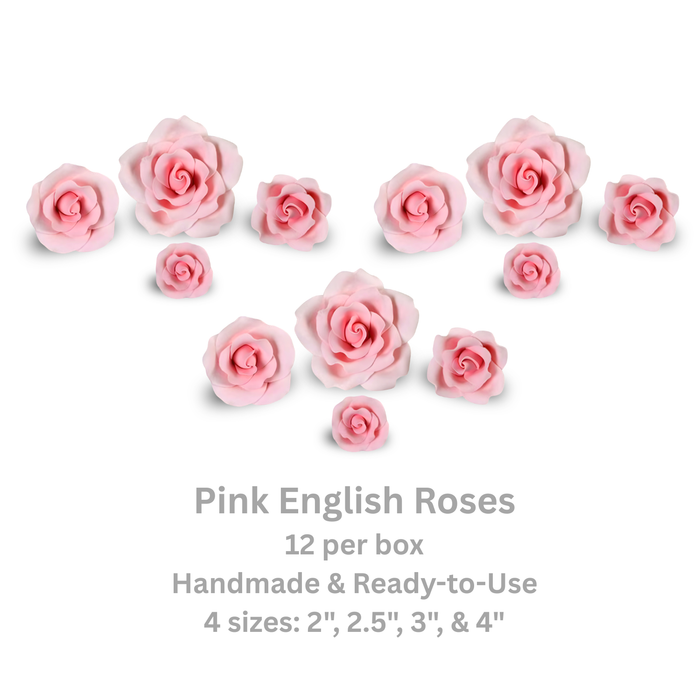 Assorted 12 pack of pink English garden rose sugar flowers in four mixed sizes (2-inch to 4-inch) for custom cake decorating wedding cakes