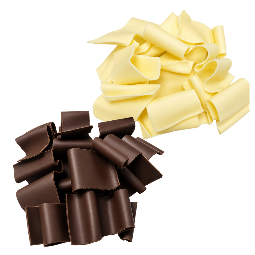 Gourmet Real Chocolate Shavings – Bulk Dark & White Chocolate Curl Decorations for Pastry Chefs & Bakeries