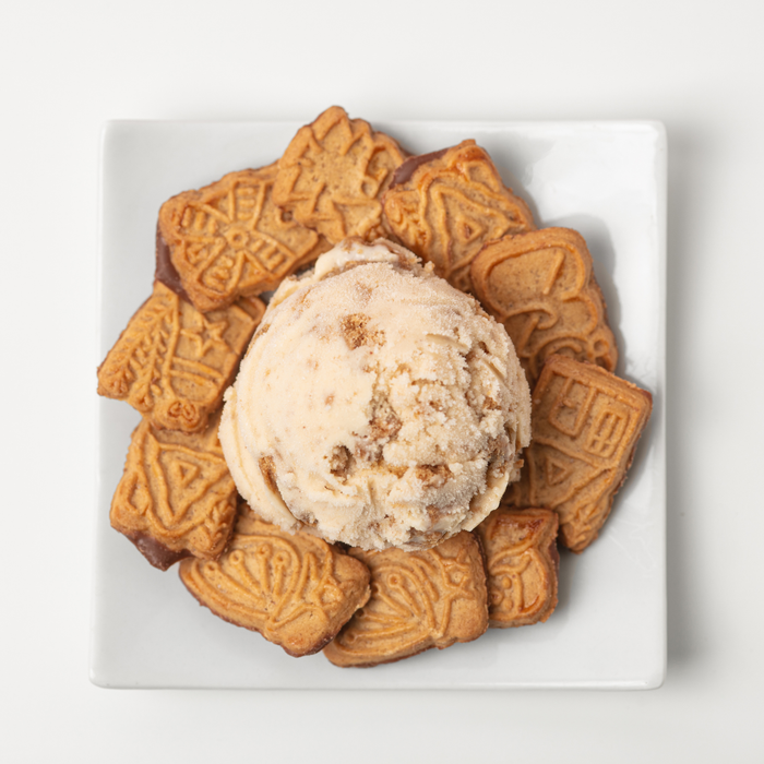 A scoop of rich, cookie butter ice cream served in a waffle cone by Lorann