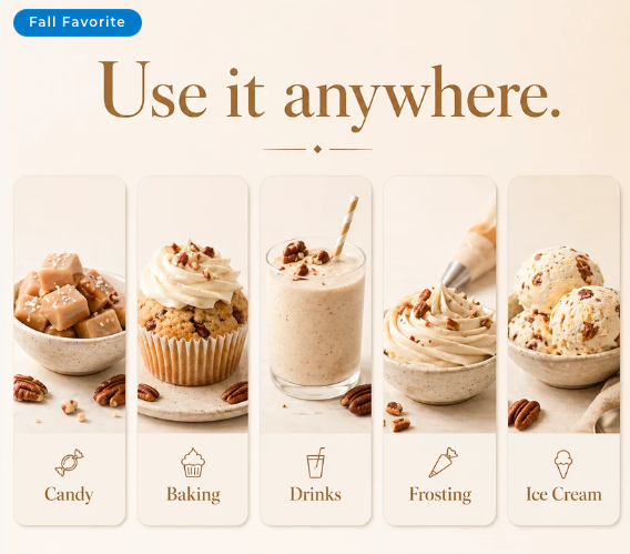 Swirled nut-free butter pecan soft-serve frozen yogurt topped with caramel drizzle in a clear cup.