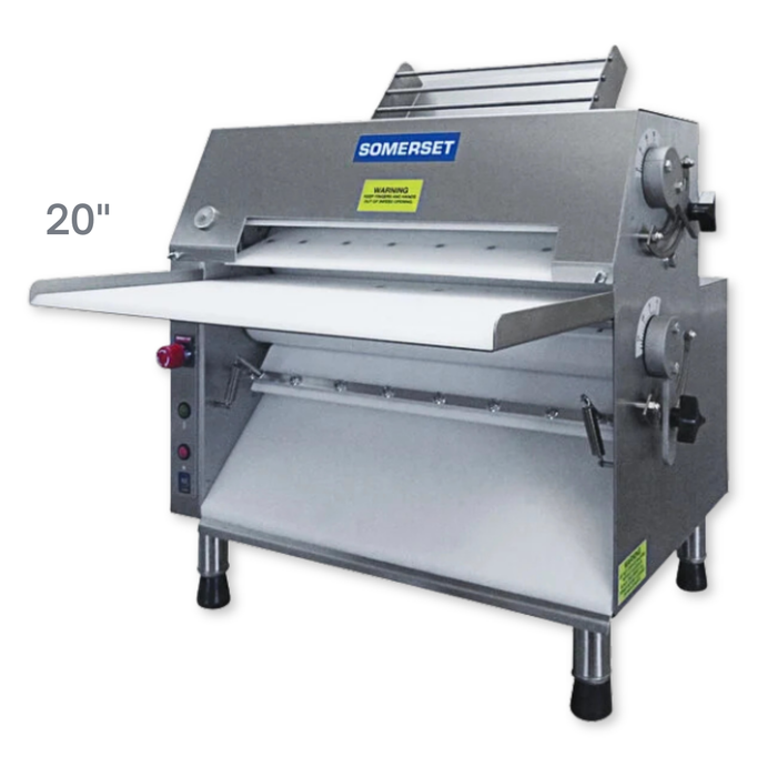 Commercial 20-inch countertop dough roller by Somerset Industries used for rolling pizza dough, tortillas, pita bread, pastry dough, and flatbreads. Caljava