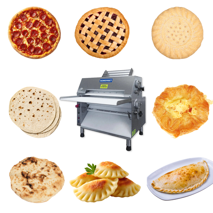 Somerset CDR-2000 commercial dough roller designed for pizza crusts, pie dough, pastry dough, sweet doughs, tortillas, and calzones.