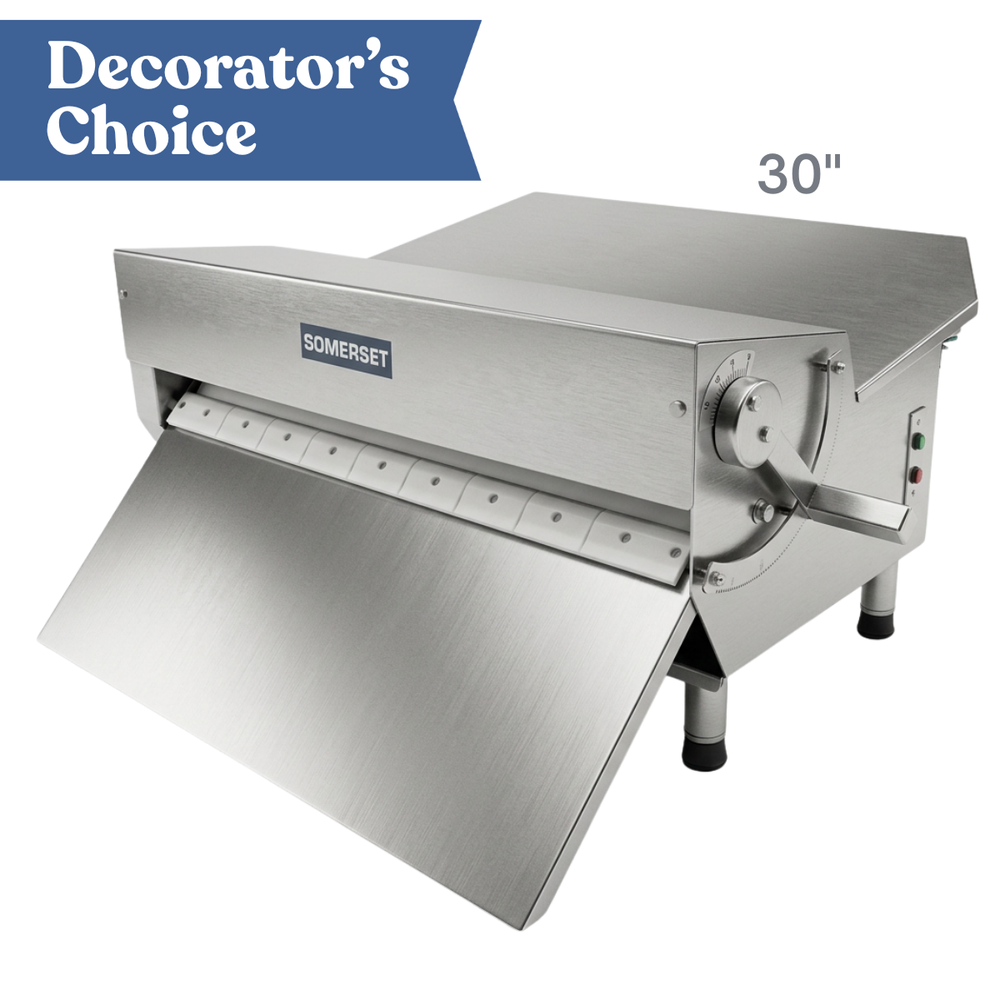 Somerset 30-inch professional fondant sheeter machine for cake decorators and bakeries, designed to roll fondant and dough evenly in seconds. Caljava. FondX Rolled Fondant