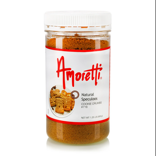 1.25 lb jar of Amoretti Natural Speculoos Cookie Crumbs for baking and dessert crusts.